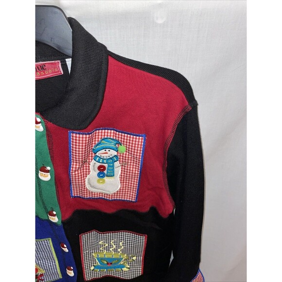 Onque Casuals Women’s Christmas Cardigan Sz Small Black Colorblock Santa Buttons - Picture 4 of 12